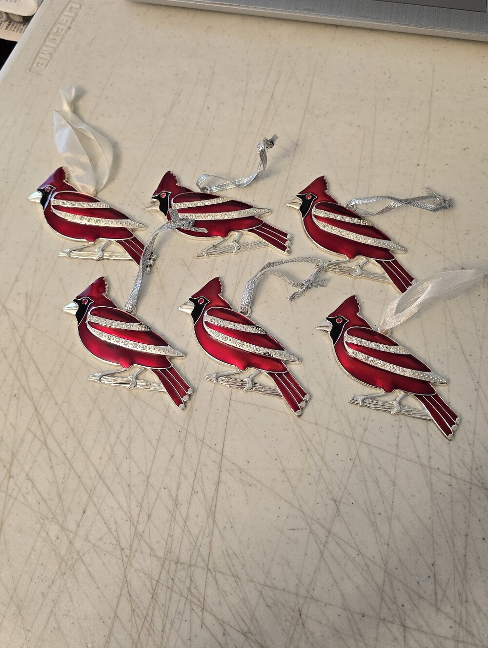 Lot of 6 Harvey Lewis Cardinal Christmas Ornaments with Crystals Silvertone